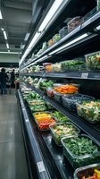 Fresh salad bar display in modern grocery store with variety of healthy vegetables and greens in refrigerated containers for retail shopping.