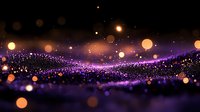 Glowing purple particles and bokeh lights create magical wave pattern against dark background, abstract festive atmosphere for holiday designs.