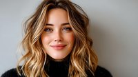 Young woman with highlighted wavy hair and natural makeup wearing black turtleneck sweater smiling at camera against gray background, modern casual style portrait.