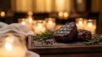 Grilled beef steaks with rosemary and peppercorns on wooden board in warm candlelit restaurant setting for fine dining and culinary presentations.