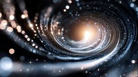 Spiral galaxy formation with glowing center and swirling stardust particles creating cosmic tunnel effect against dark space background. Suitable for astronomy concepts.