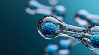 Microscopic blue spherical virus cells connected by transparent glass-like structures against dark background, scientific molecular visualization in macro photography.
