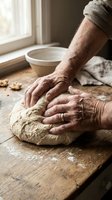 Elderly hands kneading fresh bread dough on wooden cutting board in rustic kitchen with natural window light for homemade baking and traditional cooking.