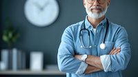 Senior male doctor with gray beard and glasses wearing blue shirt and stethoscope standing with crossed arms in medical office, professional healthcare portrait.