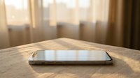 Modern smartphone lying flat on wooden table surface near bright window with soft natural lighting creating warm atmosphere for technology concepts.