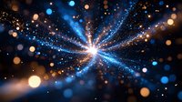 Bright starburst explosion with glowing blue light rays and golden bokeh particles against dark background. Cosmic energy burst with magical sparkles.