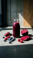 Fresh beetroot smoothie in glass bottle with berries and sliced beets on concrete surface in natural sunlight for healthy lifestyle and nutrition.