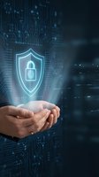Hands holding glowing cybersecurity shield with fingerprint lock icon over digital circuit board background for data protection and privacy concepts.