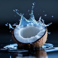 Fresh coconut half with dynamic water splash and milk crown effect against dark background, creating dramatic liquid motion and reflection on wet surface.