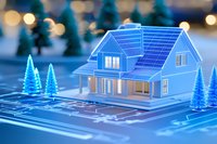 Glowing blue house model with solar panels on architectural blueprint background, surrounded by miniature trees and bokeh lights, illustrating sustainable home design.