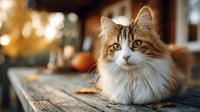 Fluffy orange and white cat with alert expression sitting on wooden surface during autumn sunset with fallen leaves.