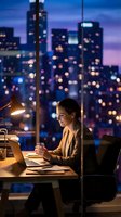 Young professional woman working late at office desk with laptop, illuminated by desk lamp against blurred cityscape skyline at dusk. Corporate workspace.