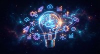 Glowing lightbulb with digital brain circuit and technology icons floating in cosmic space background for innovation and artificial intelligence concepts.