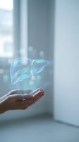Holographic liver organ floating above open palm in modern medical office for healthcare technology and digital medicine concepts.