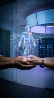 Hands holding glowing holographic human body with digital neural network connections in modern office environment for healthcare technology and medical innovation concepts.