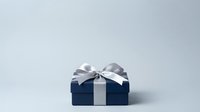 Dark blue gift box with silver ribbon bow and white stripe on light gray background, isolated for holiday, celebration, and promotional design use.