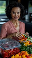 African American woman with curly hair in pink blouse preparing fresh vegetables and healthy meal in modern kitchen, displaying genuine smile while cooking nutritious food.