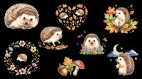 Cute hedgehog clipart set with autumn elements, flowers, and stars, isolated on transparent background. Great for stickers, t-shirt design, print on demand, and sublimation.