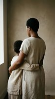 African American mother and child in matching linen outfits embrace while looking away, soft natural light, warm neutral tones, family bond.