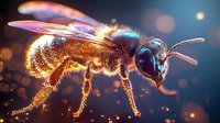 Glowing honey bee in golden light with magical bokeh effect and shimmering pollen particles, macro photography style against dark blue background.