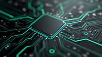 Modern computer processor chip on circuit board with glowing green pathways and electronic components for technology and computing applications.
