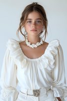 Young Caucasian woman in romantic white ruffled blouse with statement floral necklace and ornate belt, soft natural makeup and upswept hair against light background.