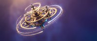 Golden mechanical clockwork gears floating in cosmic space with glowing light trails and purple nebula background for futuristic technology concepts.