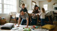 Happy multiethnic family with two children playing together on living room floor with colorful toys and books in bright modern home interior.