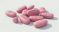Pink pharmaceutical tablets and capsules scattered on white background showing various medication dosages and shapes for healthcare concepts.