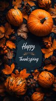 Orange pumpkins and autumn leaves frame black greeting card with Thanksgiving message, creating seasonal holiday composition on dark background.
