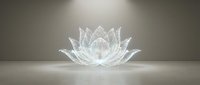 Crystal lotus flower sculpture with intricate cut patterns reflecting light on neutral background for meditation, wellness and spiritual design concepts.