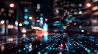 Digital technology grid with glowing blue light trails and bokeh effects against dark background, representing data flow and network connectivity.
