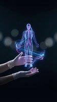 Holographic human anatomy model floating above medical professional hands in gloves showing skeletal and nervous systems for healthcare education.