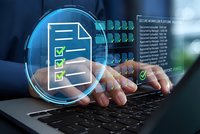 Digital checklist hologram above laptop keyboard with businessman hands typing, futuristic business productivity and task management technology concept.