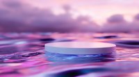 Minimalist white cylinder podium floating on calm water surface with dreamy purple pink sunset sky reflection creating serene product display platform.