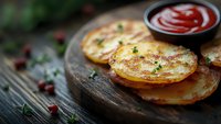 Crispy potato pancakes served on rustic wooden board with tomato sauce, garnished with fresh herbs and cranberries, homemade comfort food.
