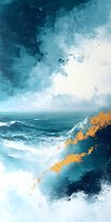 Dramatic seascape with stormy turquoise waves and golden accents against moody sky, artistic interpretation of ocean power and natural forces in motion.