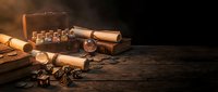 Vintage ammunition and brass cartridges arranged with leather case and wooden surface, suitable for historical, military, or hunting-themed projects.