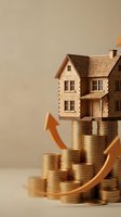 Wooden house model on stacks of golden coins with upward arrow showing real estate investment growth and property value increase concept.