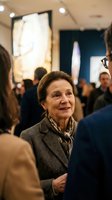 Elegant senior woman in gray blazer enjoying art gallery opening with crowd of visitors admiring contemporary paintings on walls.