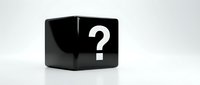 Black cube with white question mark symbol on glossy surface representing mystery, uncertainty, problem solving and decision making concepts.