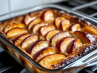 Baked apple slices arranged in rows within a glass baking dish, golden brown with caramelized edges, fresh from the oven for dessert preparation.