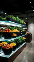 Modern grocery store produce section with fresh fruits and vegetables displayed in sleek black bowls under contemporary lighting for retail design.