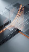 Futuristic glass panels with glowing orange arrows and bar charts symbolizing financial growth, data analytics, and business success on a sleek metallic surface.