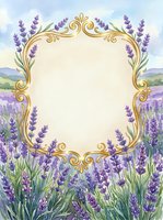 Watercolor lavender field frame with ornate golden border and blank space for text or design elements in rustic countryside setting.