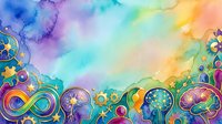 Vibrant watercolor gradient background with ornate mandala and gear motifs in rainbow hues, suitable for creative projects and design work.