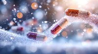 Medical capsules scattered on frosty surface with bokeh lights and snow effect, dramatic macro photography showing pharmaceutical pills in cold environment.