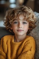 Young child with bright blue eyes and curly blonde hair wearing mustard yellow knit sweater, looking directly at camera with gentle expression. Natural indoor lighting.