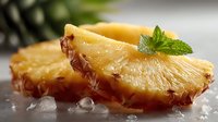 Fresh pineapple slices with mint garnish on ice, tropical fruit ready for smoothies, cocktails, and healthy snacking recipes.