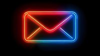 Glowing neon mail envelope icon with red and blue gradient light effect on black background, modern communication symbol for digital design and web interface.